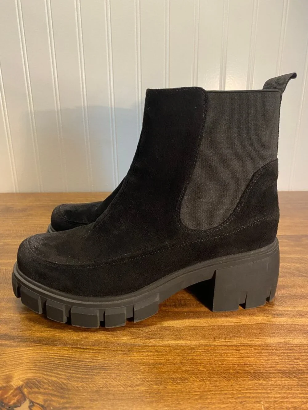 Pierre Dumas - Black Suede Chelsea Lug Sole Chunky Ankle Boots - Size 6.5